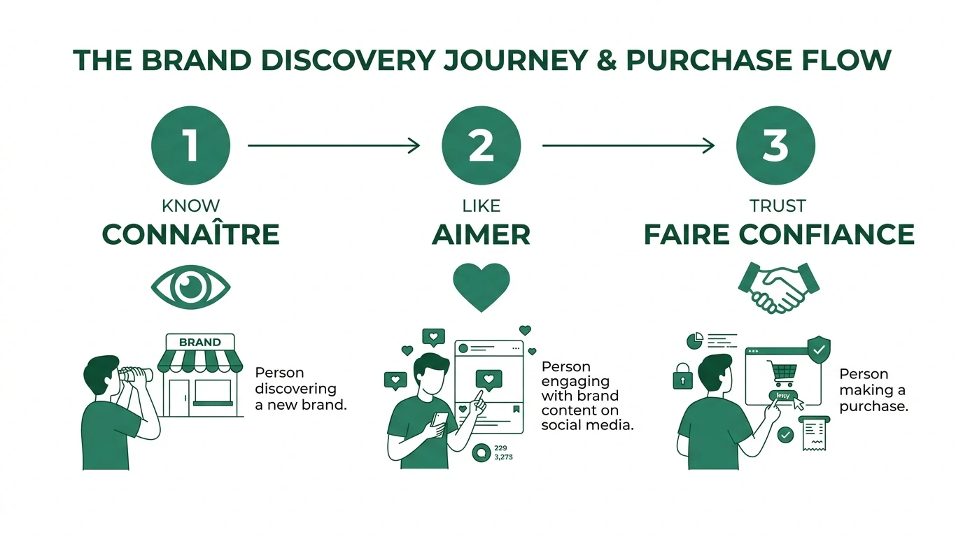 Schéma des 3 étapes Know Like Trust du marketing relationnel : connaître, aimer, faire confiance avant d'acheter