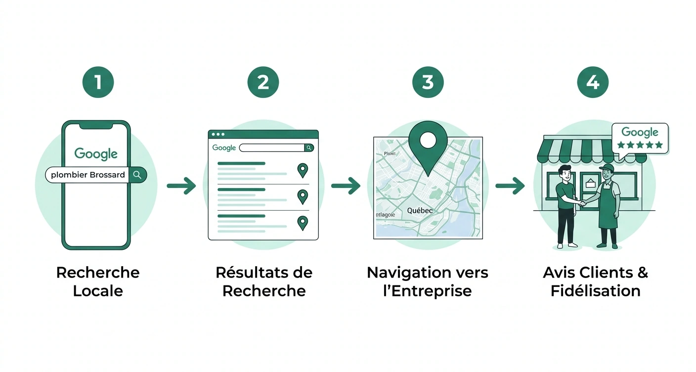Schéma en 4 étapes du fonctionnement du SEO local pour une PME québécoise : recherche Google → fiche Google Mon Entreprise → site web optimisé → nouveau client local