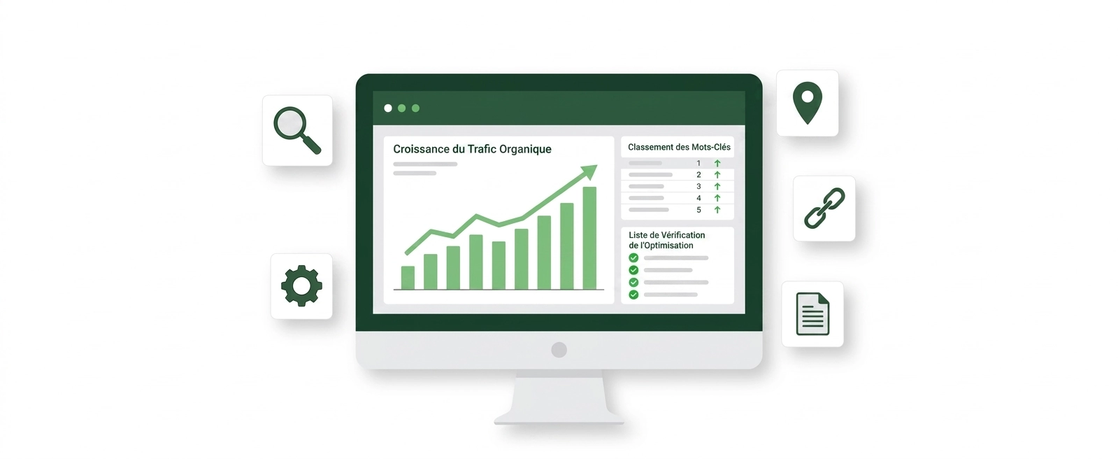 Tableau de bord SEO montrant les métriques de référencement Google avec graphiques de trafic et positions de mots-clés